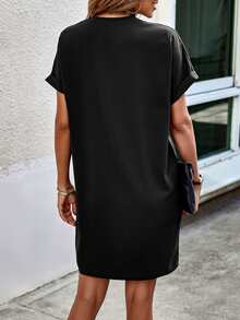 SHEIN Unity V-Neck Batwing Sleeve Tunic Dress Without Belt - Black - View 2