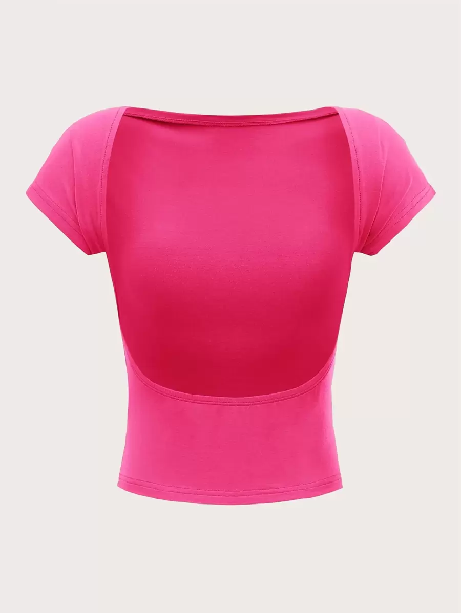 SHEIN MOD Backless Batwing Sleeve Solid Tee - Hot Pink - View 1