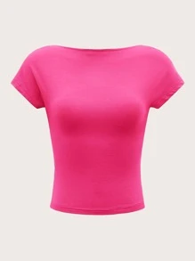 SHEIN MOD Backless Batwing Sleeve Solid Tee - Hot Pink - View 2