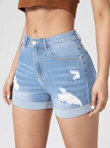 Ripped Roll Up Hem Denim Shorts - Light Wash - View 1