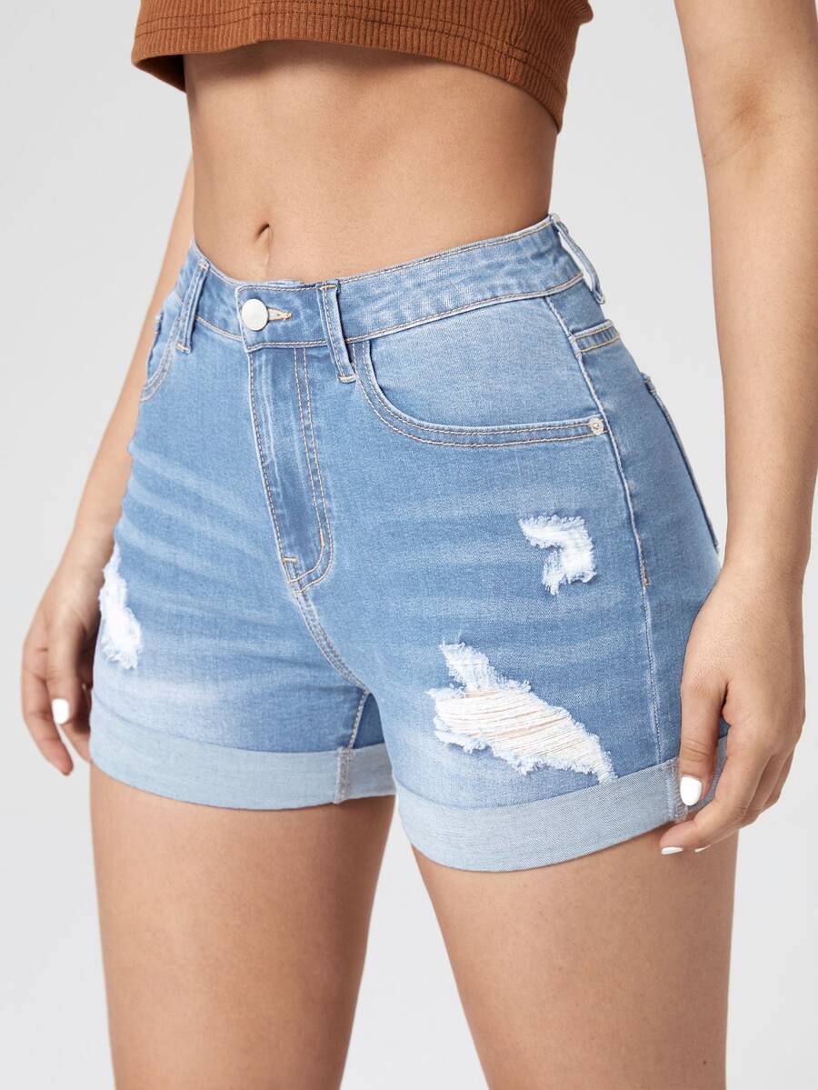 Ripped Roll Up Hem Denim Shorts - Light Wash - View 1