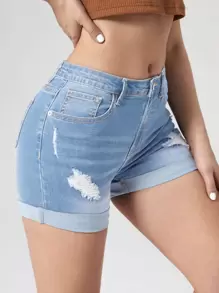 Ripped Roll Up Hem Denim Shorts - Light Wash - View 3