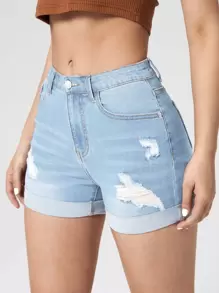 Ripped Roll Up Hem Denim Shorts - Light Wash - View 1