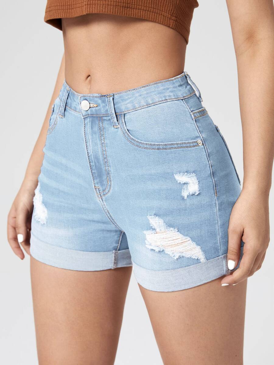 Ripped Roll Up Hem Denim Shorts - Light Wash - View 1