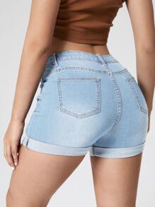 Ripped Roll Up Hem Denim Shorts - Light Wash - View 2