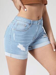 Ripped Roll Up Hem Denim Shorts - Light Wash - View 3