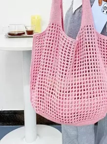 鏤空大容量鉤針編織袋 - 粉色 - 查看 5