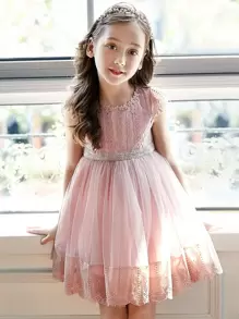 女孩貼花網紗拼接蝴蝶袖荷葉邊連衣裙 - 淺粉色 - 查看 1