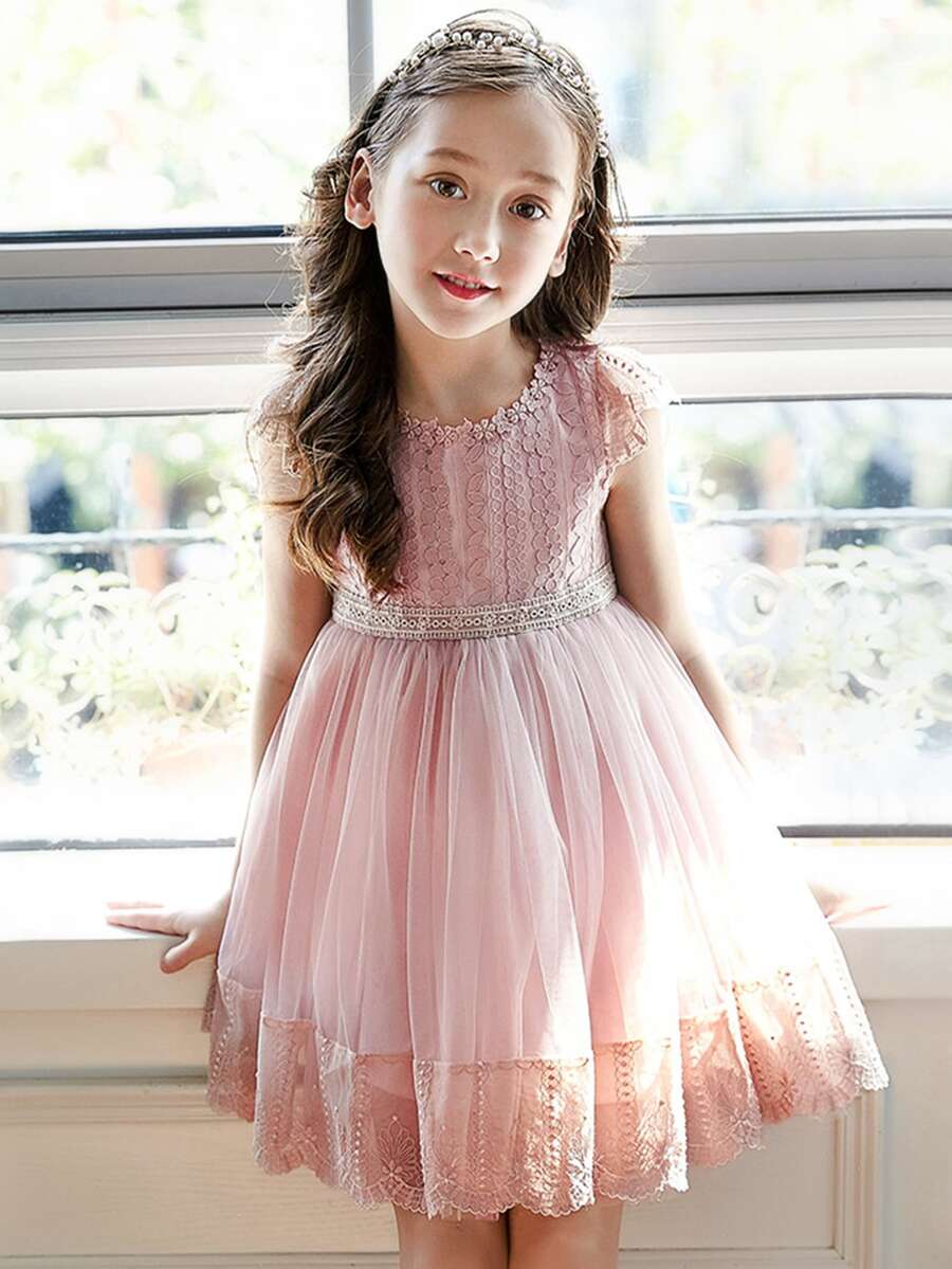 女孩貼花網紗拼接蝴蝶袖荷葉邊連衣裙 - 淺粉色 - 查看 1