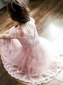 女孩貼花網紗拼接蝴蝶袖荷葉邊連衣裙 - 淺粉色 - 查看 2