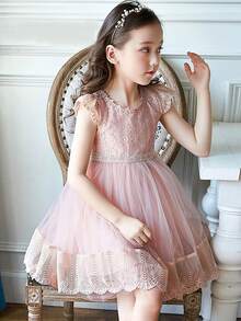 女孩貼花網紗拼接蝴蝶袖荷葉邊連衣裙 - 淺粉色 - 查看 3