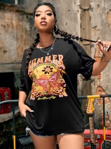 Flirla Áo thun Plus size Lá thư Loại bướm Giải trí - màu đen - Xem 5