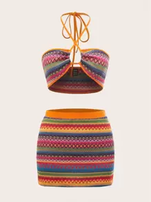 SHEIN ICON Geo Print Contrast Binding Tie Backless Crop Halter Top & Skirt Two Piece Set - Orange - View 1