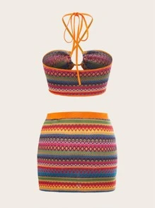 SHEIN ICON Geo Print Contrast Binding Tie Backless Crop Halter Top & Skirt Two Piece Set - Orange - View 2