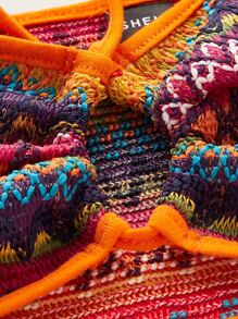 SHEIN ICON Geo Print Contrast Binding Tie Backless Crop Halter Top & Skirt Two Piece Set - Orange - View 3