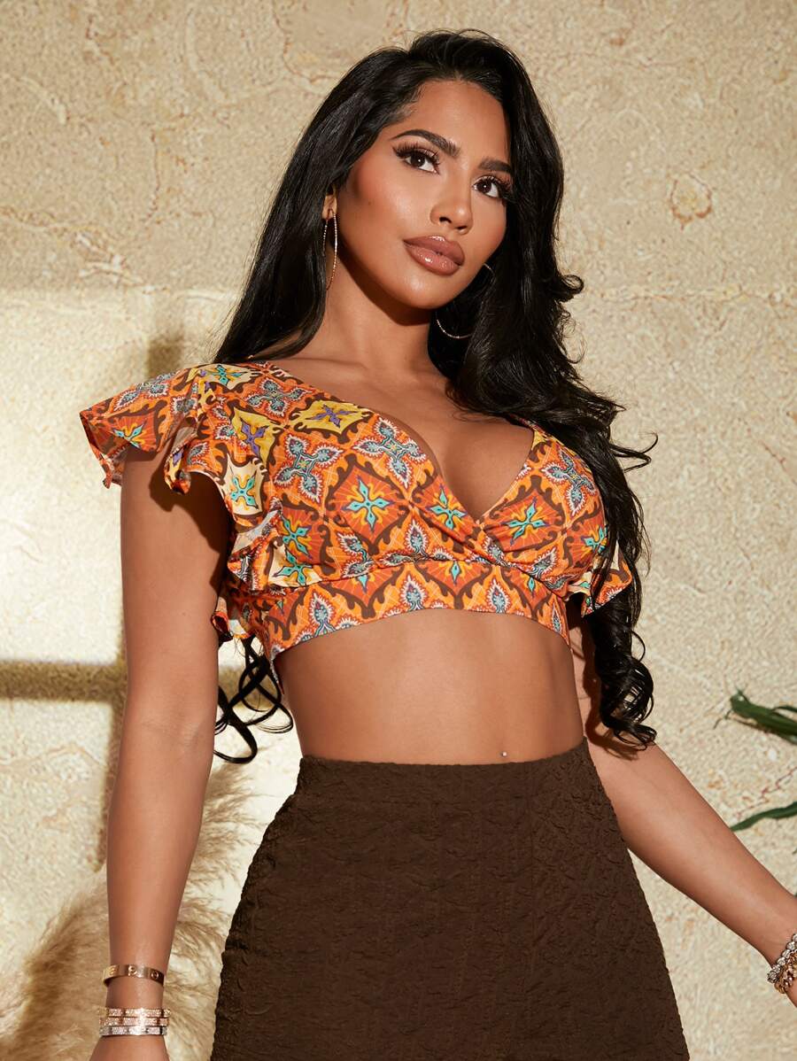 SHEIN SXY Graphic Print Cut Out Tie Back Ruffle Trim Crop Blouse - Multicolor - View 1