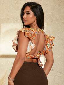 SHEIN SXY Graphic Print Cut Out Tie Back Ruffle Trim Crop Blouse - Multicolor - View 2
