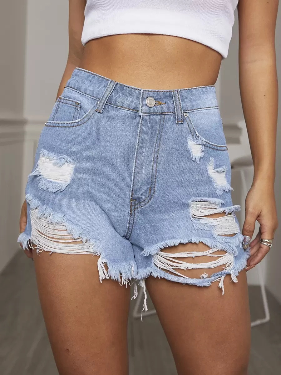 高腰破洞直筒牛仔短褲 - 淺色水洗藍 - 查看 1