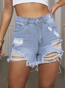 高腰破洞直筒牛仔短褲 - 淺色水洗藍 - 查看 3