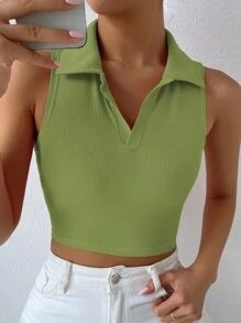 Solid Ribbed Knit Tank Top - Olive Green - View 1
