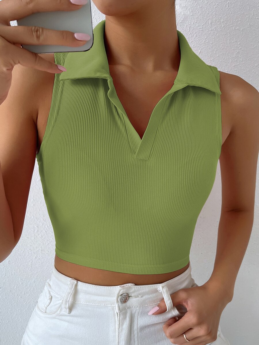 Solid Ribbed Knit Tank Top - Olive Green - View 1