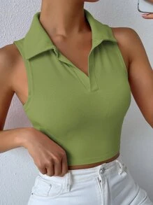 Solid Ribbed Knit Tank Top - Olive Green - View 3