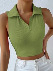 Solid Ribbed Knit Tank Top - Olive Green - View 4