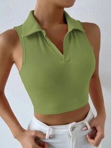Solid Ribbed Knit Tank Top - Olive Green - View 5
