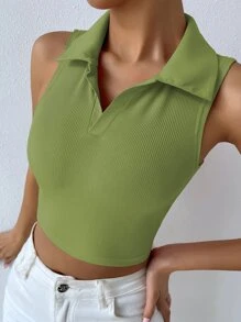 Solid Ribbed Knit Tank Top - Olive Green - View 6