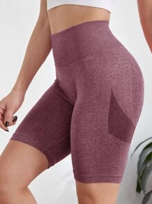 Yoga Basic Seamless Contrast Panel Cycling Sports Shorts - Mauve Purple - View 3