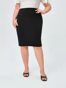 Miaspire Plus High Waist Solid Pencil Skirt,Spring - Black - View 3