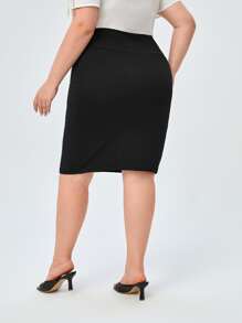 Miaspire Plus High Waist Solid Pencil Skirt,Spring - Black - View 2