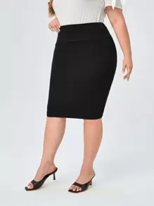Miaspire Plus High Waist Solid Pencil Skirt,Spring - Black - View 6