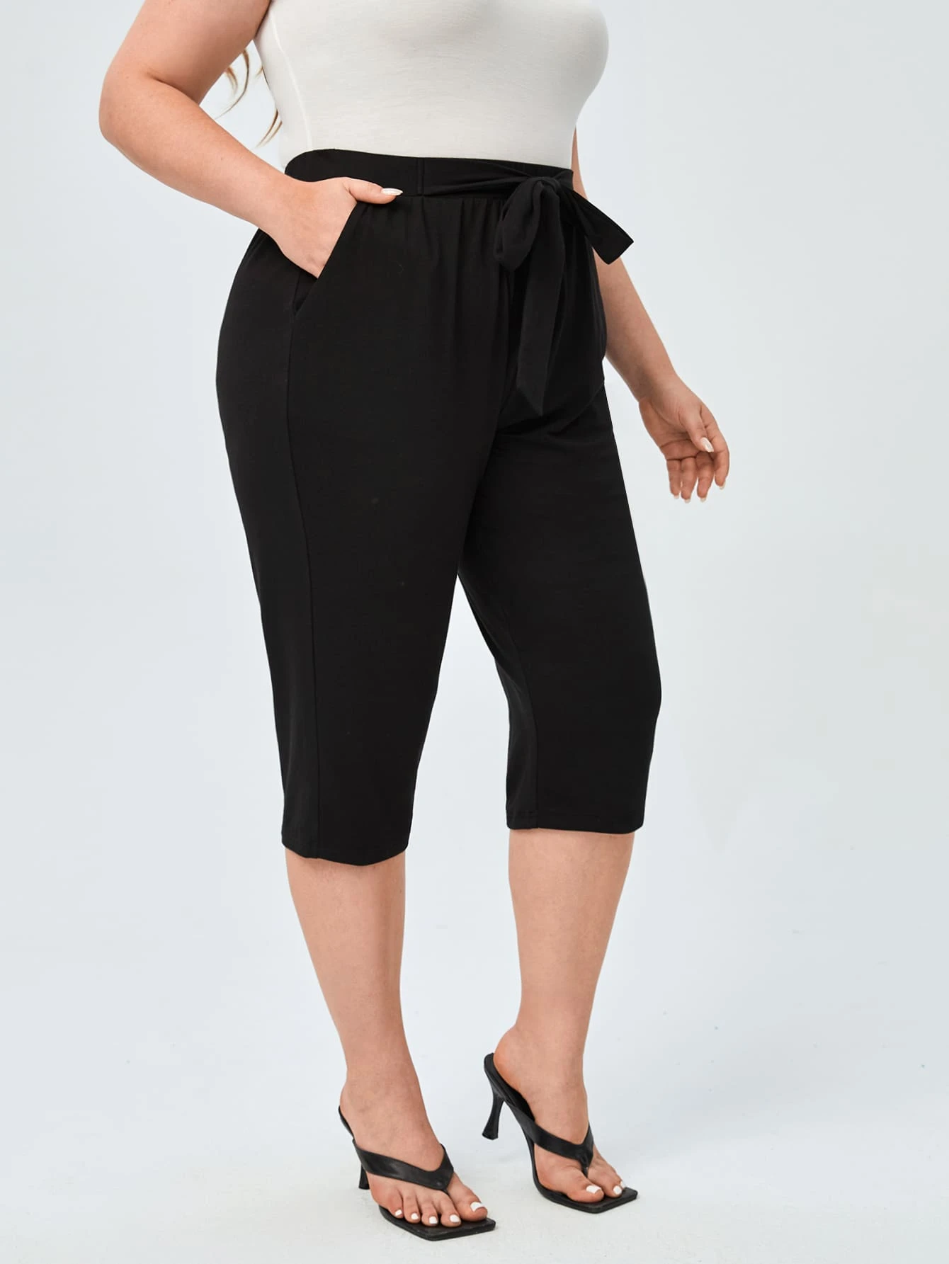 EMERY ROSE Plus High Waist Tie Front Trousers - Black - View 1