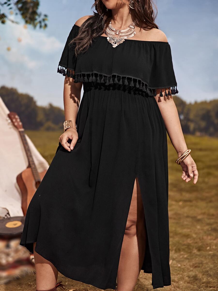 SHEIN VCAY Đầm Plus Size mép Tách cao màu trơn Boho - màu đen - Xem 1