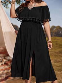 SHEIN VCAY Đầm Plus Size mép Tách cao màu trơn Boho - màu đen - Xem 5