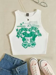 SHEIN EZwear Figure & Letter Graphic Tank Top - White - View 1