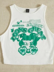 SHEIN EZwear Figure & Letter Graphic Tank Top - White - View 3