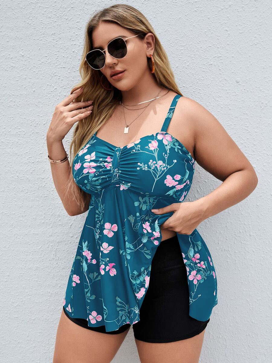 Plus Size Floral Flounce Hem Ruched Tankini Summer Beach - Teal Blue - View 1