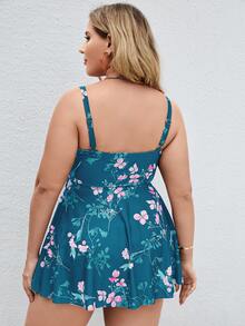 Plus Size Floral Flounce Hem Ruched Tankini Summer Beach - Teal Blue - View 2