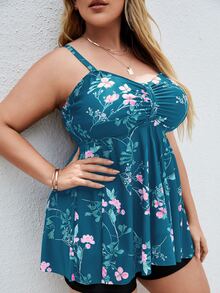 Plus Size Floral Flounce Hem Ruched Tankini Summer Beach - Teal Blue - View 3