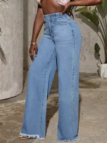 SHEIN SXY 高腰毛邊闊腿牛仔褲 - 淺色水洗藍 - 查看 2