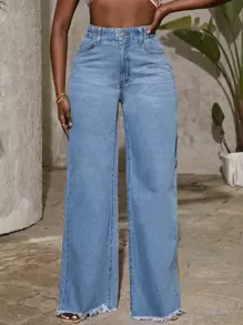 SHEIN SXY 高腰毛邊闊腿牛仔褲 - 淺色水洗藍 - 查看 4
