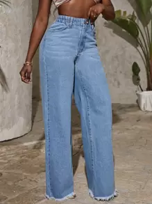 SHEIN SXY 高腰毛邊闊腿牛仔褲 - 淺色水洗藍 - 查看 5