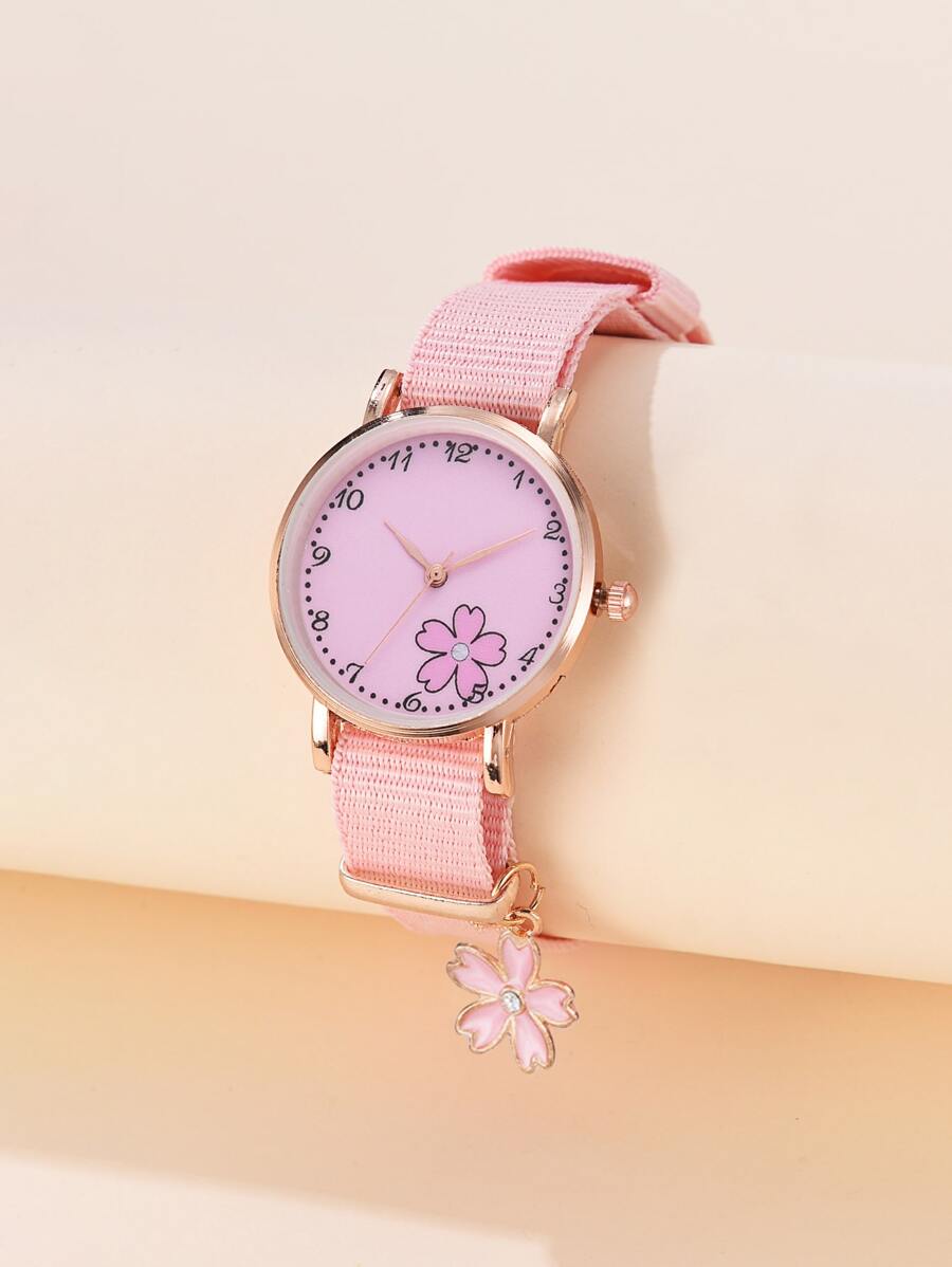 Niños Reloj cuarzo con diseño de flor redondo - Rosa - Ver 1