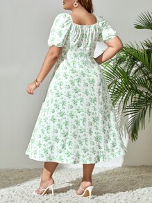 SHEIN VCAY Plus Size Boho Floral Print Puff Sleeve Knot Front Split Thigh Dress, For Summer - White - View 2