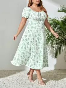 SHEIN VCAY Plus Size Boho Floral Print Puff Sleeve Knot Front Split Thigh Dress, For Summer - White - View 4