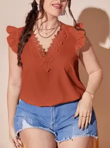 SHEIN Privé Áo sơ mi Plus Size Tương phản ren Xù màu trơn Boho - Màu Cam cháy - Xem 1