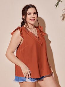 SHEIN Privé Áo sơ mi Plus Size Tương phản ren Xù màu trơn Boho - Màu Cam cháy - Xem 3