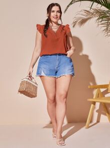 SHEIN Privé Áo sơ mi Plus Size Tương phản ren Xù màu trơn Boho - Màu Cam cháy - Xem 4